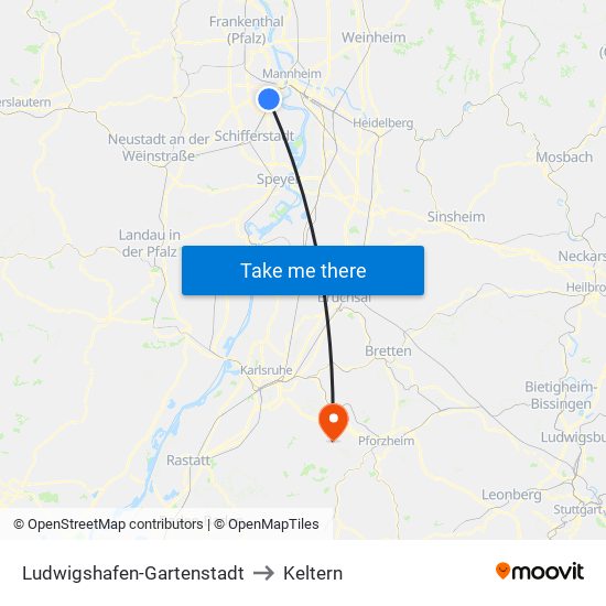 Ludwigshafen-Gartenstadt to Keltern map