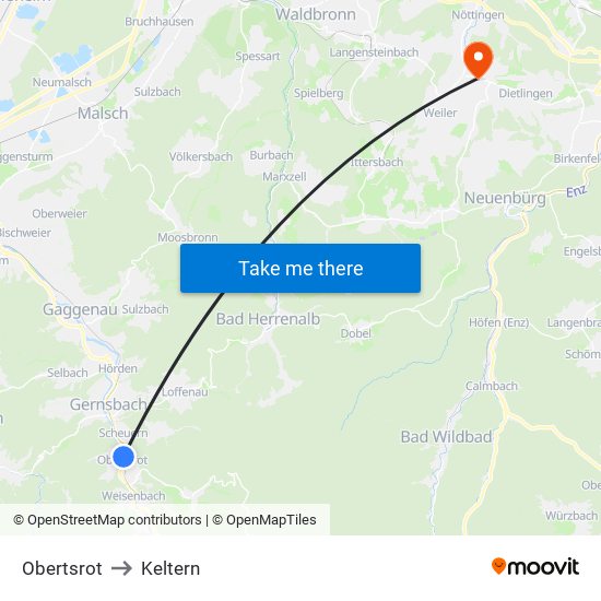 Obertsrot to Keltern map