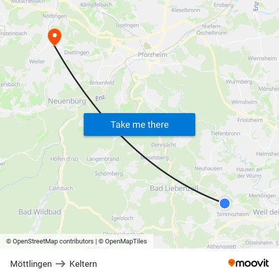 Möttlingen to Keltern map