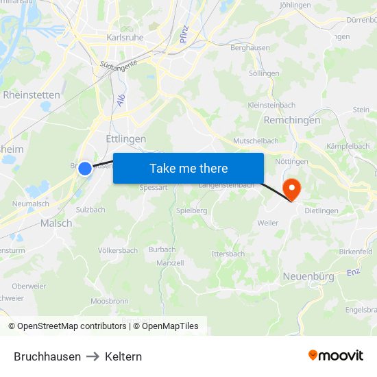 Bruchhausen to Keltern map