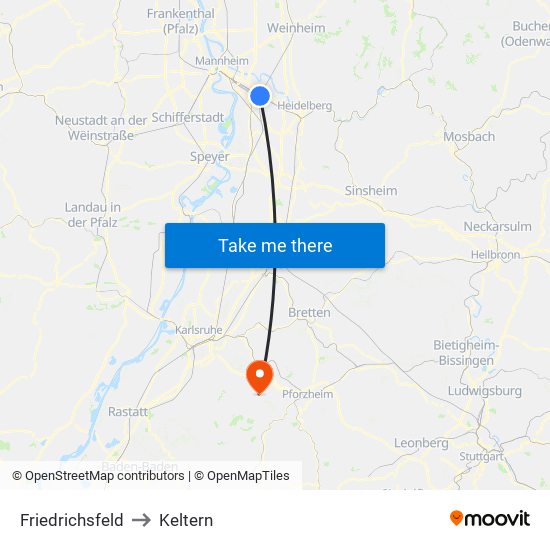 Friedrichsfeld to Keltern map