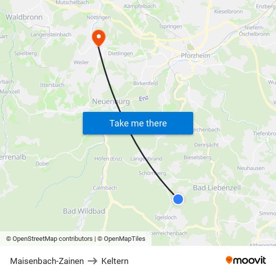 Maisenbach-Zainen to Keltern map