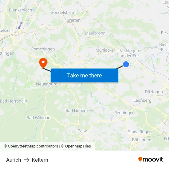 Aurich to Keltern map