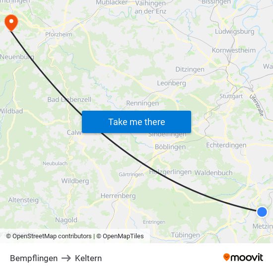 Bempflingen to Keltern map