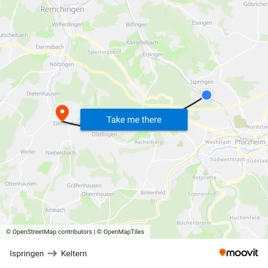Ispringen to Keltern map