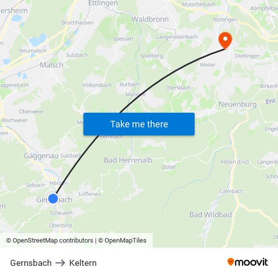 Gernsbach to Keltern map