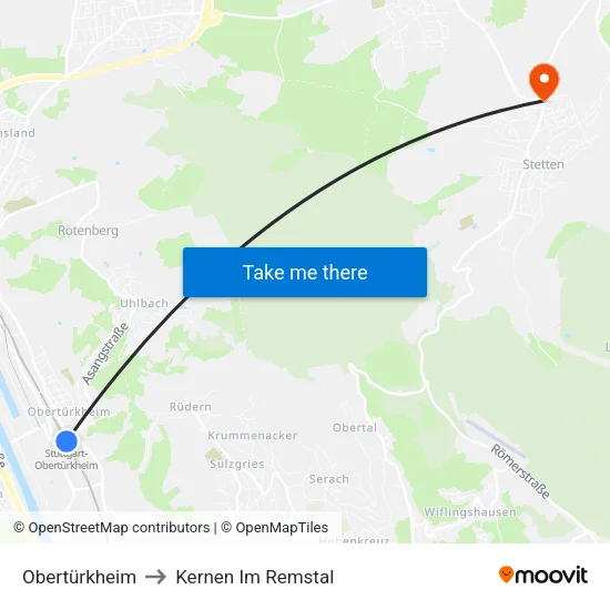 Obertürkheim to Kernen Im Remstal map