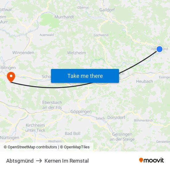 Abtsgmünd to Kernen Im Remstal map