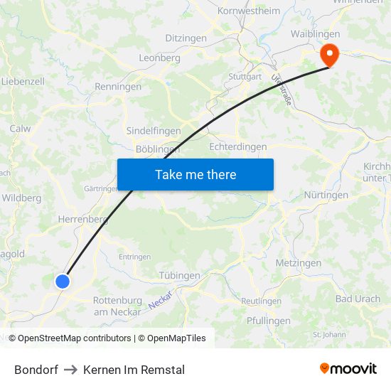 Bondorf to Kernen Im Remstal map