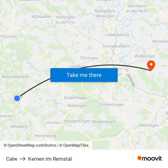 Calw to Kernen Im Remstal map