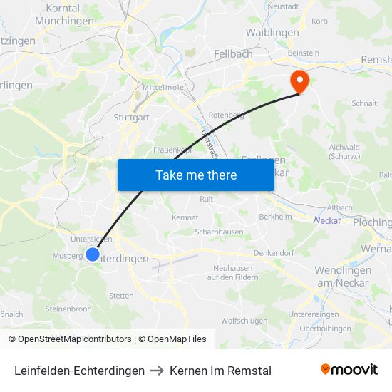 Leinfelden-Echterdingen to Kernen Im Remstal map