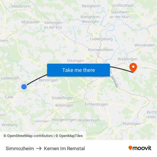 Simmozheim to Kernen Im Remstal map