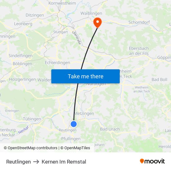 Reutlingen to Kernen Im Remstal map