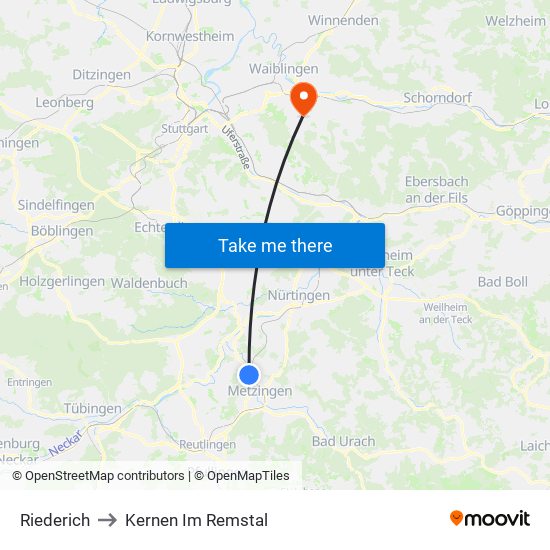 Riederich to Kernen Im Remstal map