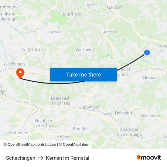 Schechingen to Kernen Im Remstal map