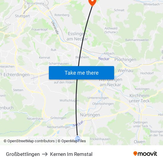 Großbettlingen to Kernen Im Remstal map