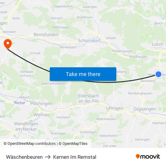 Wäschenbeuren to Kernen Im Remstal map