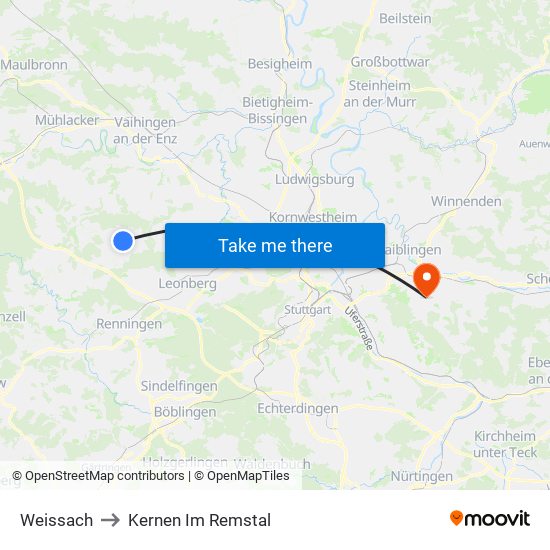 Weissach to Kernen Im Remstal map