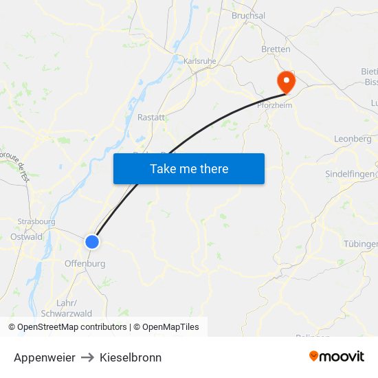 Appenweier to Kieselbronn map