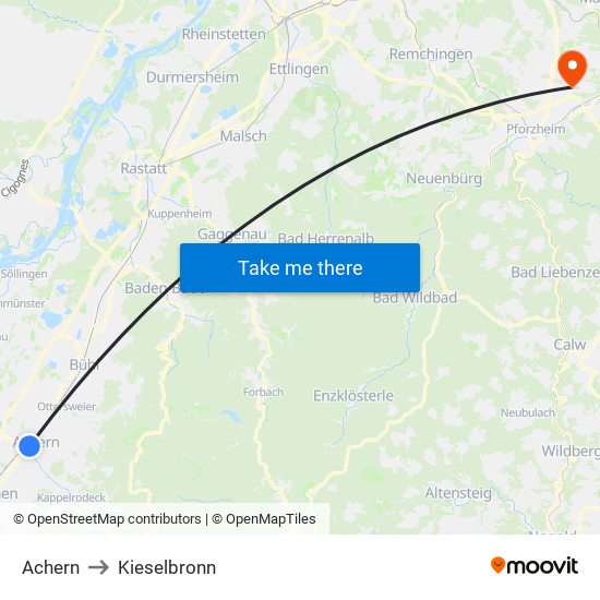 Achern to Kieselbronn map