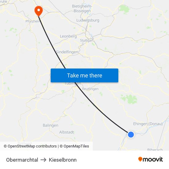 Obermarchtal to Kieselbronn map