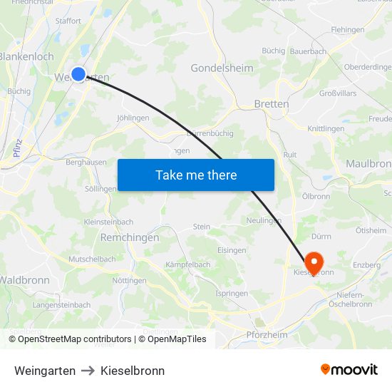 Weingarten to Kieselbronn map