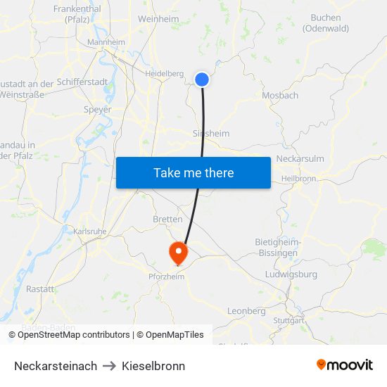 Neckarsteinach to Kieselbronn map