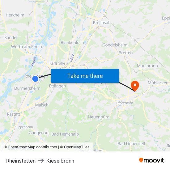 Rheinstetten to Kieselbronn map
