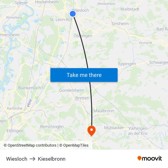 Wiesloch to Kieselbronn map