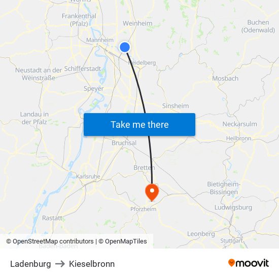 Ladenburg to Kieselbronn map