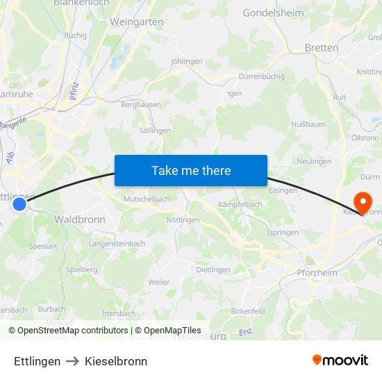 Ettlingen to Kieselbronn map