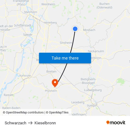 Schwarzach to Kieselbronn map