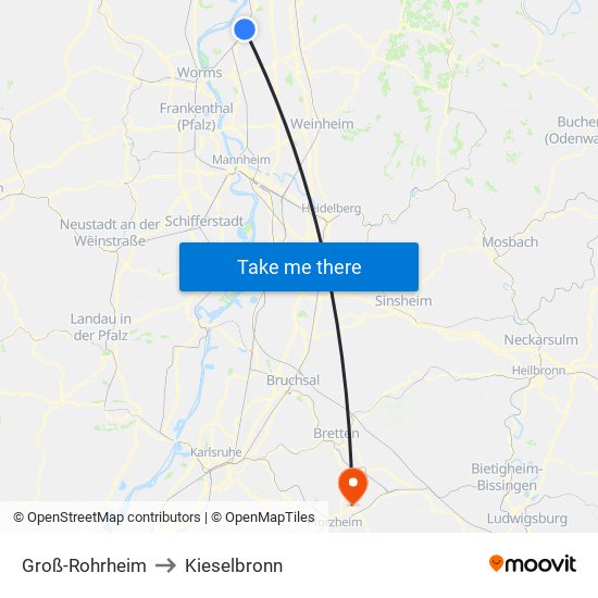 Groß-Rohrheim to Kieselbronn map