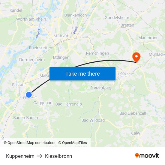 Kuppenheim to Kieselbronn map