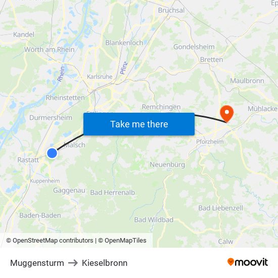 Muggensturm to Kieselbronn map