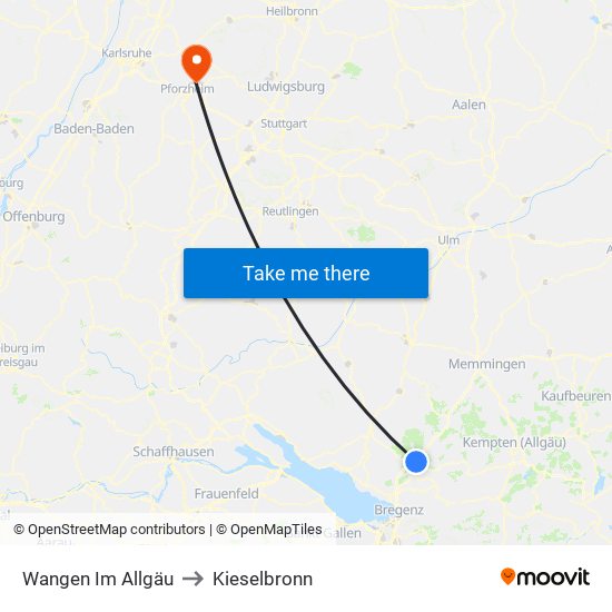 Wangen Im Allgäu to Kieselbronn map