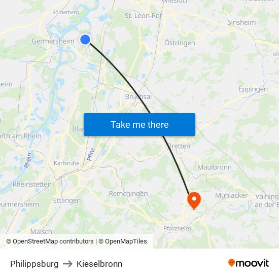 Philippsburg to Kieselbronn map