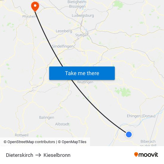 Dieterskirch to Kieselbronn map