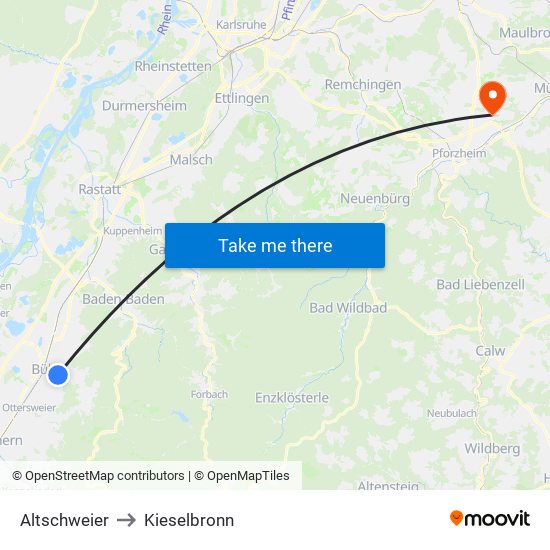 Altschweier to Kieselbronn map