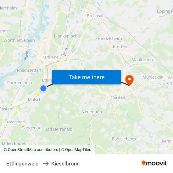 Ettlingenweier to Kieselbronn map