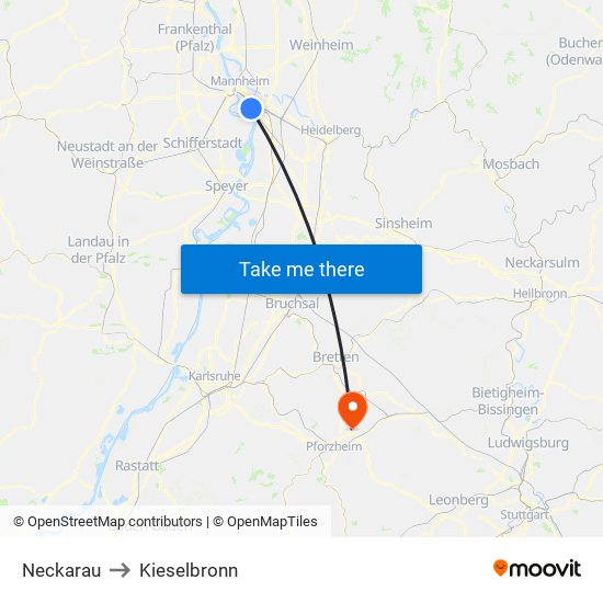 Neckarau to Kieselbronn map