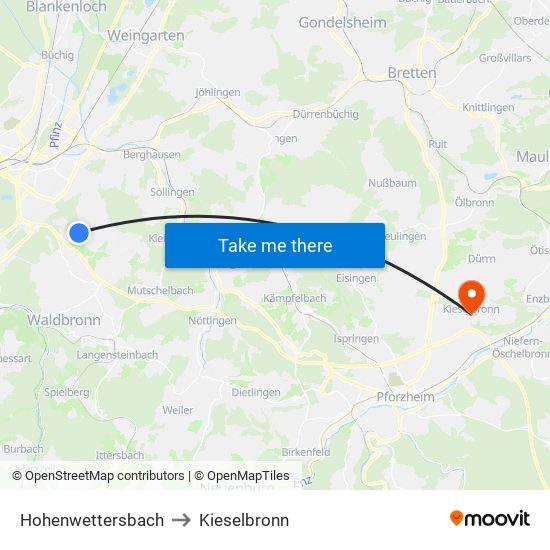 Hohenwettersbach to Kieselbronn map