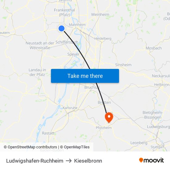 Ludwigshafen-Ruchheim to Kieselbronn map