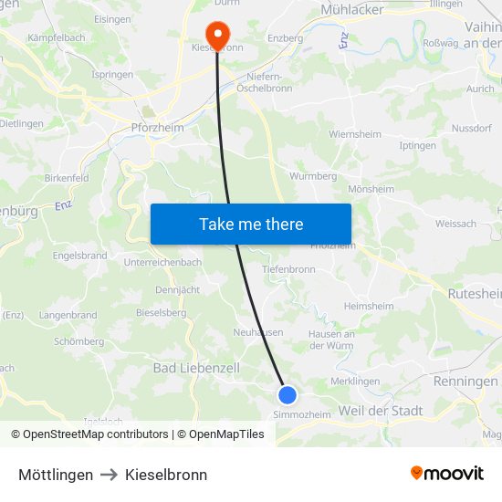 Möttlingen to Kieselbronn map