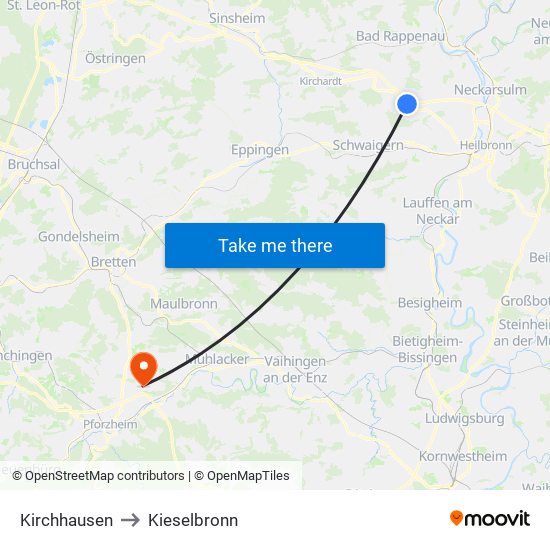 Kirchhausen to Kieselbronn map