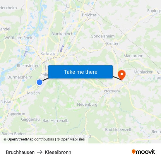 Bruchhausen to Kieselbronn map