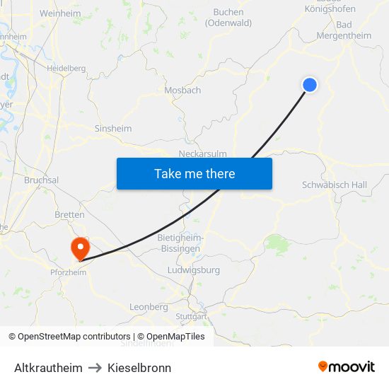 Altkrautheim to Kieselbronn map