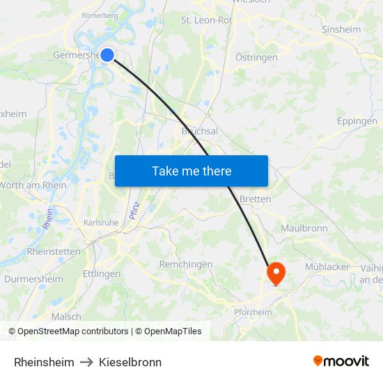 Rheinsheim to Kieselbronn map