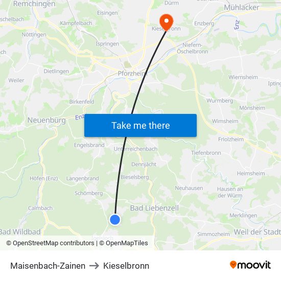 Maisenbach-Zainen to Kieselbronn map