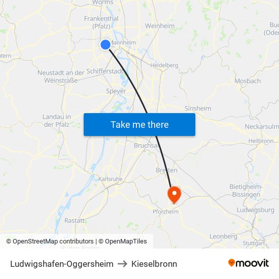 Ludwigshafen-Oggersheim to Kieselbronn map